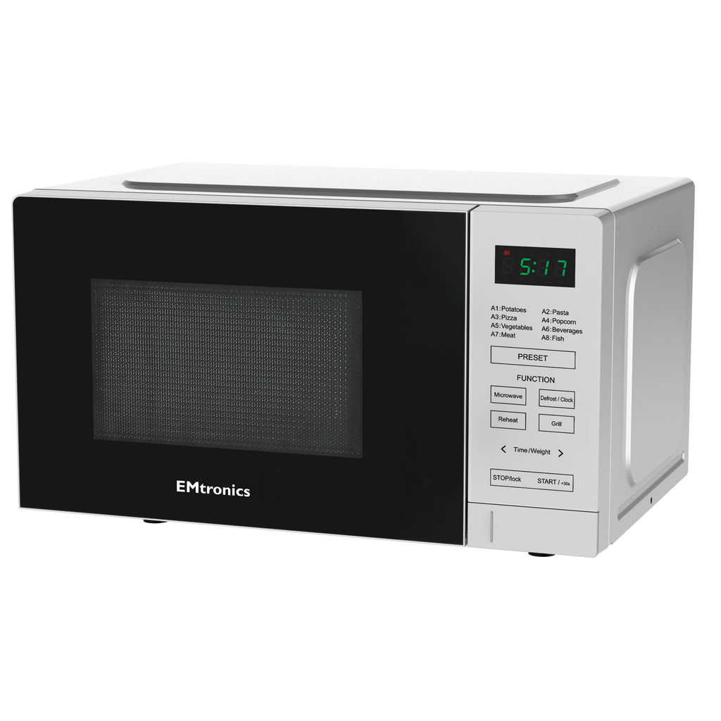 EMtronics 20L Digital Microwave with 800W Grill & 10 Power Levels – Silver