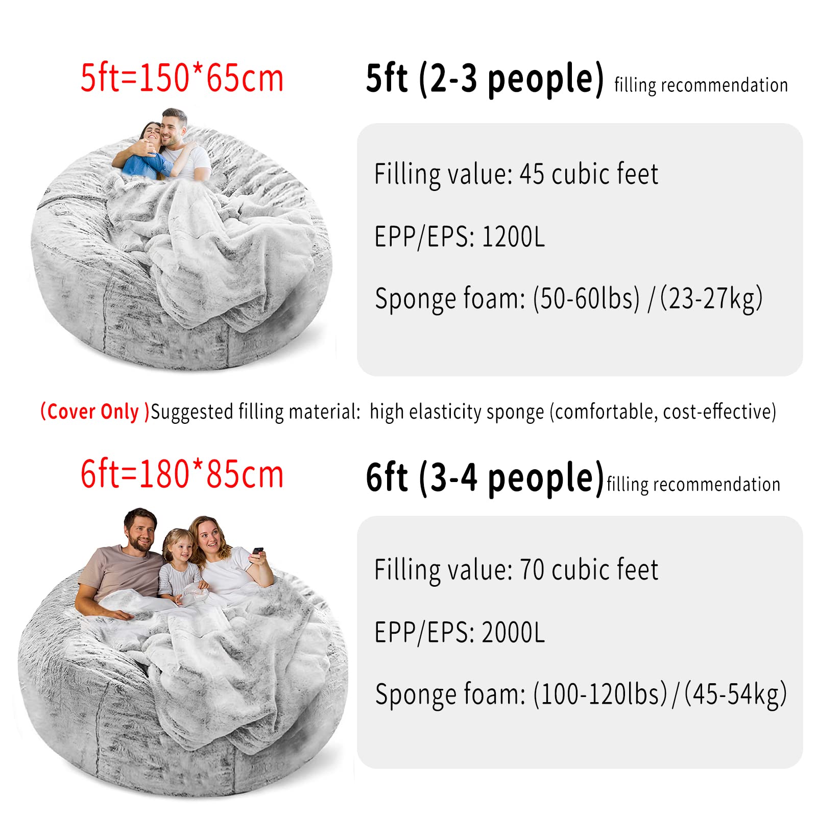 YudouTech Giant Bean Bag Chair Cover | Soft PV Velvet Washable Sofa Bed