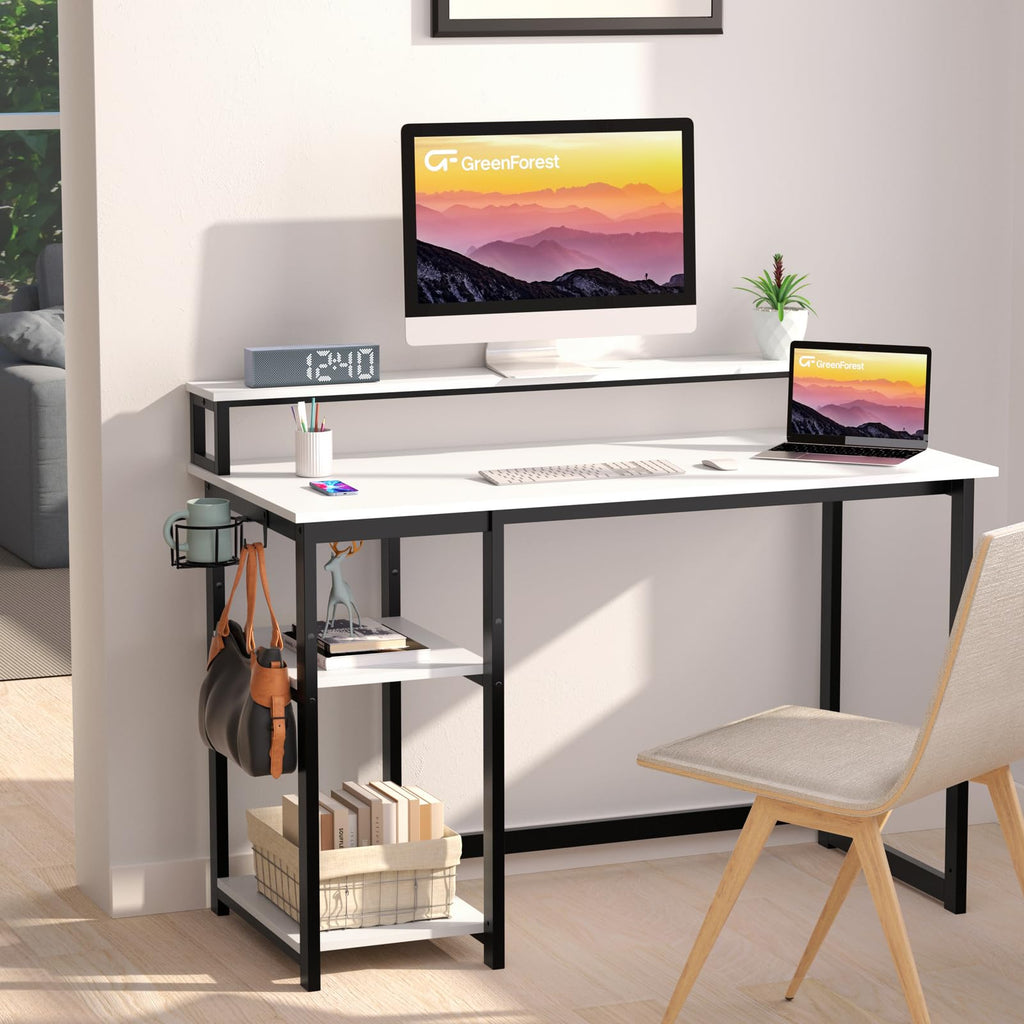GreenForest 120cm Computer Desk with Monitor Stand and Shelves – White