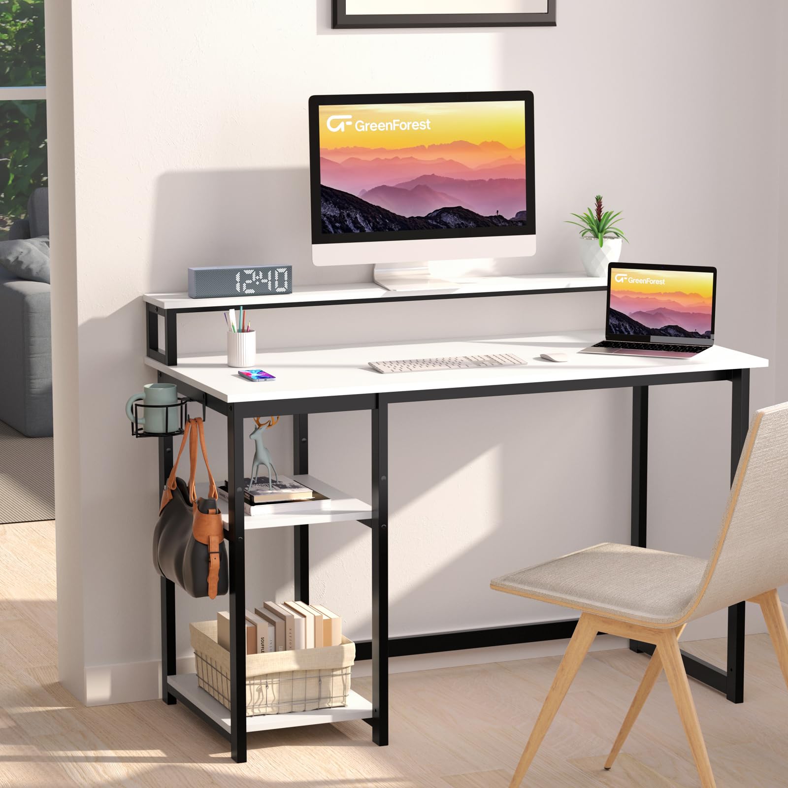 GreenForest 120cm Computer Desk with Monitor Stand and Shelves – White