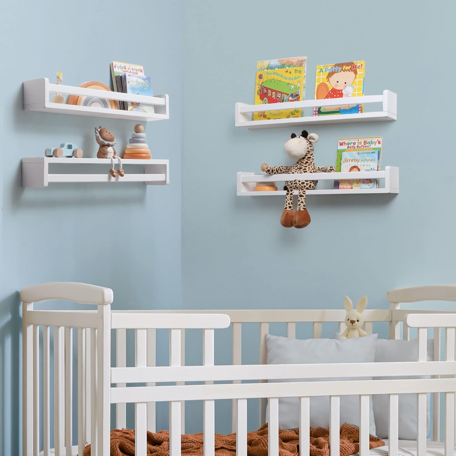 Gieanoo 80cm White Floating Nursery Bookshelves | Set of 2 Solid Wood