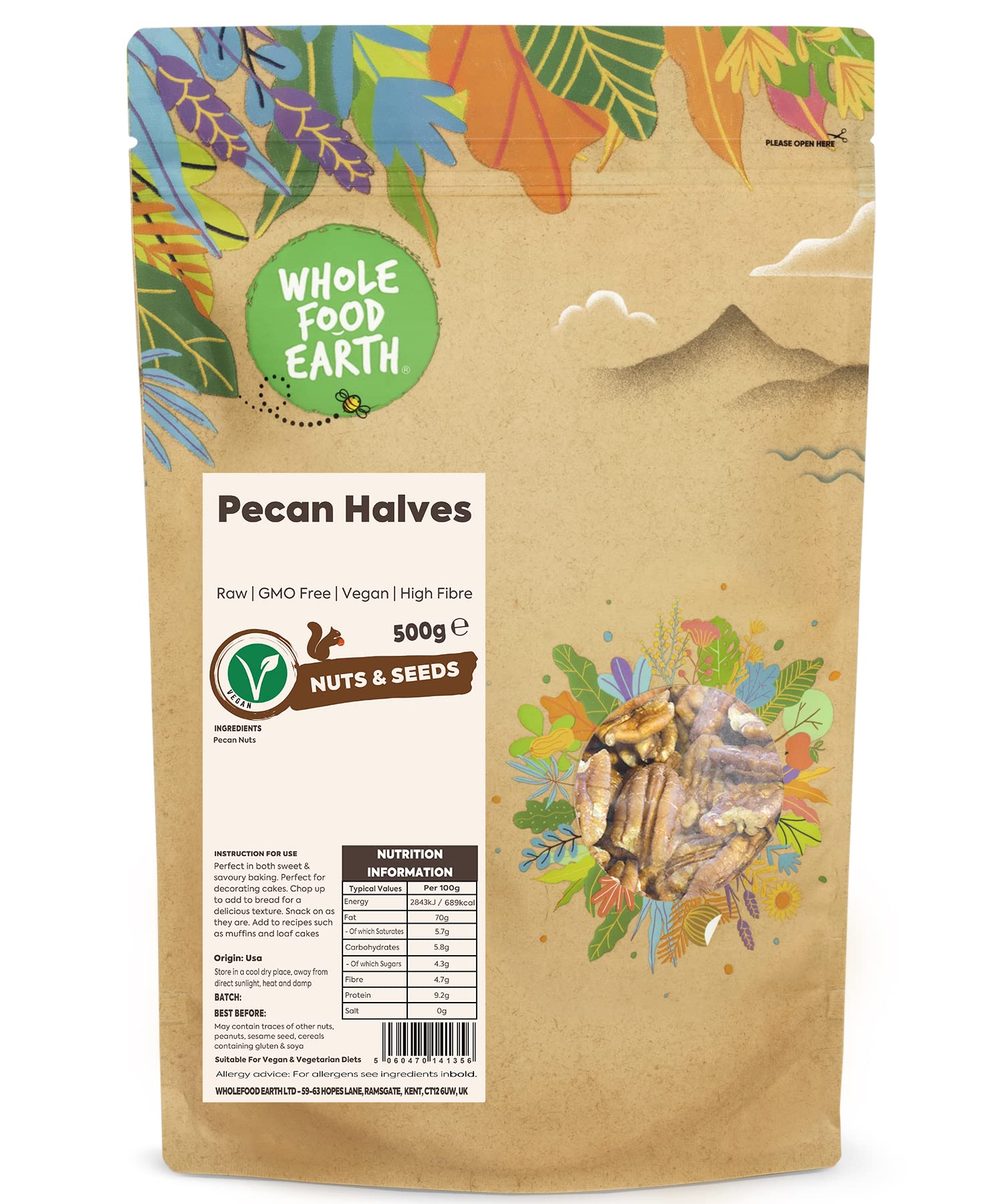 Wholefood Earth Pecan Halves – 500g Raw Natural Nuts for Baking