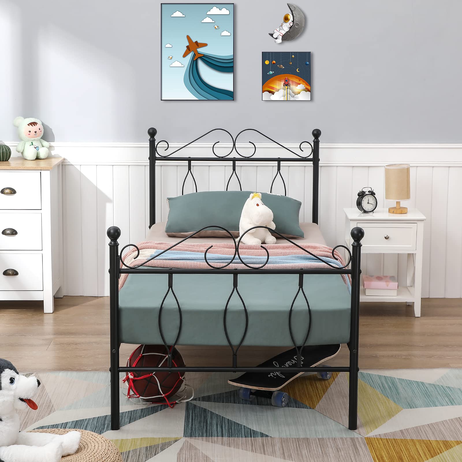 FurnitureR 3ft Single Metal Bed Frame with 28cm Underbed Storage - Black