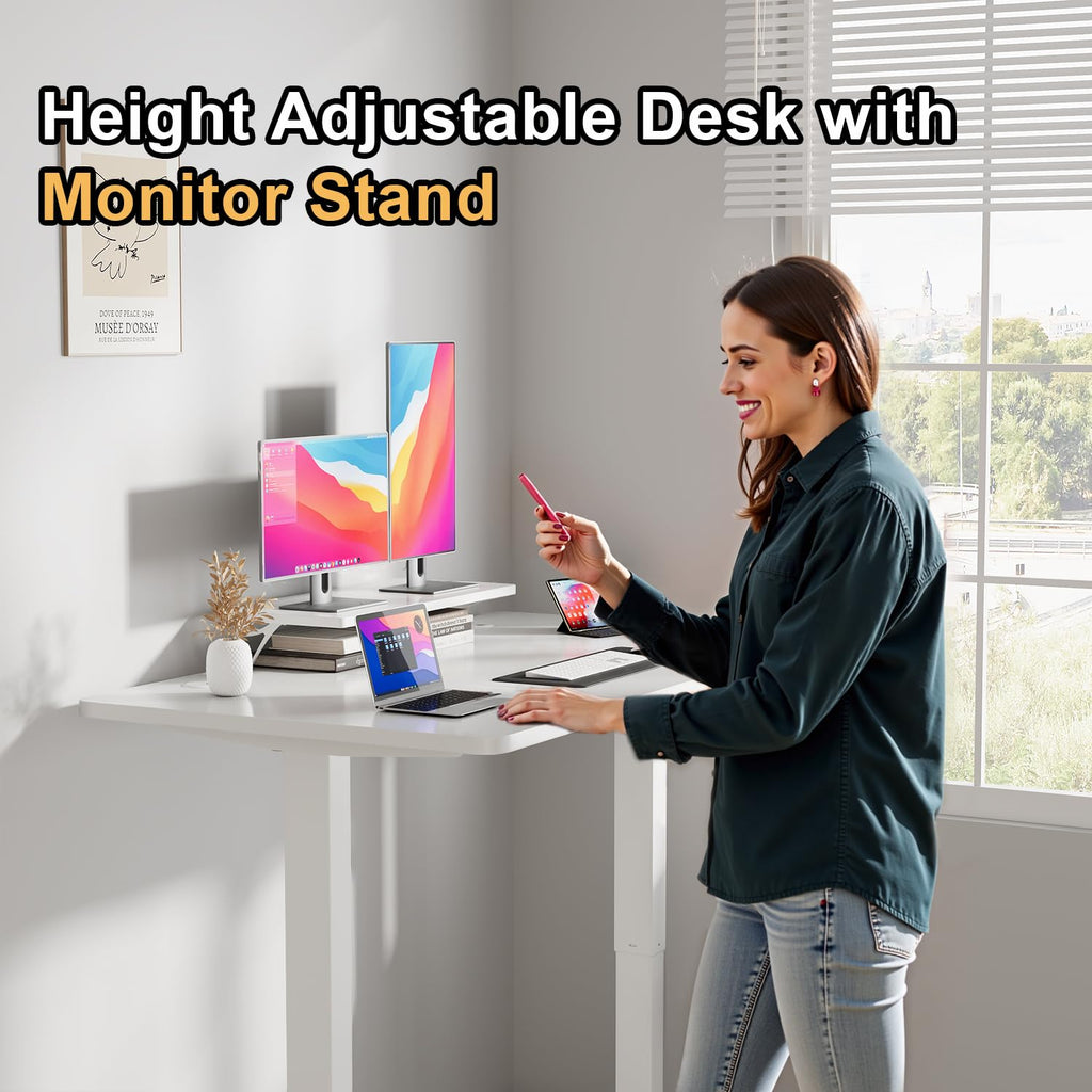 JUMMICO Electric Standing Desk with Monitor Stand, 140x60cm Height Adjustable Desk, Office Table with 2 Memory Smart Pannel,White
