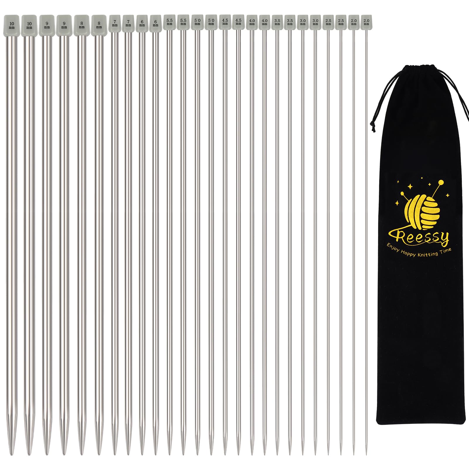 Reessy 13-Pair Stainless Steel Knitting Needles Set | 2mm-10mm Straight Needles