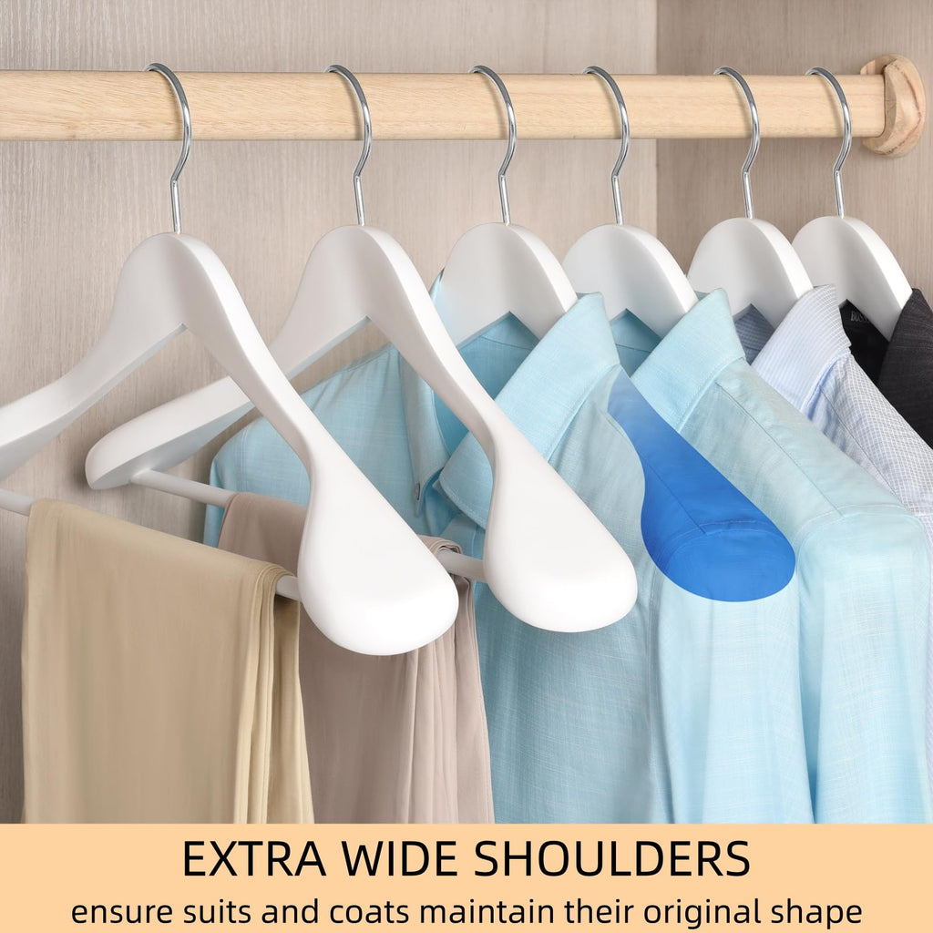 Amber Home White Wooden Suit Hangers | Wide Shoulder Non-Slip - 10 Pack