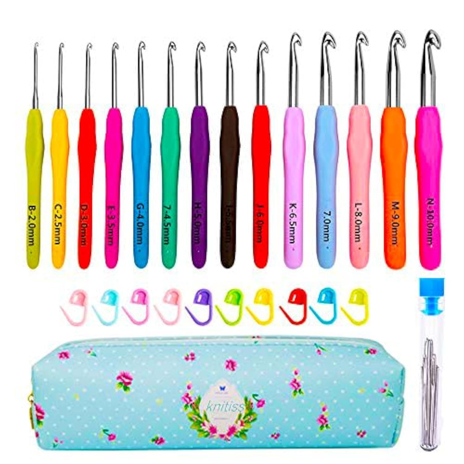 Knitiss 14 Pcs Ergonomic Crochet Hooks Set with Case | 2mm to 10mm