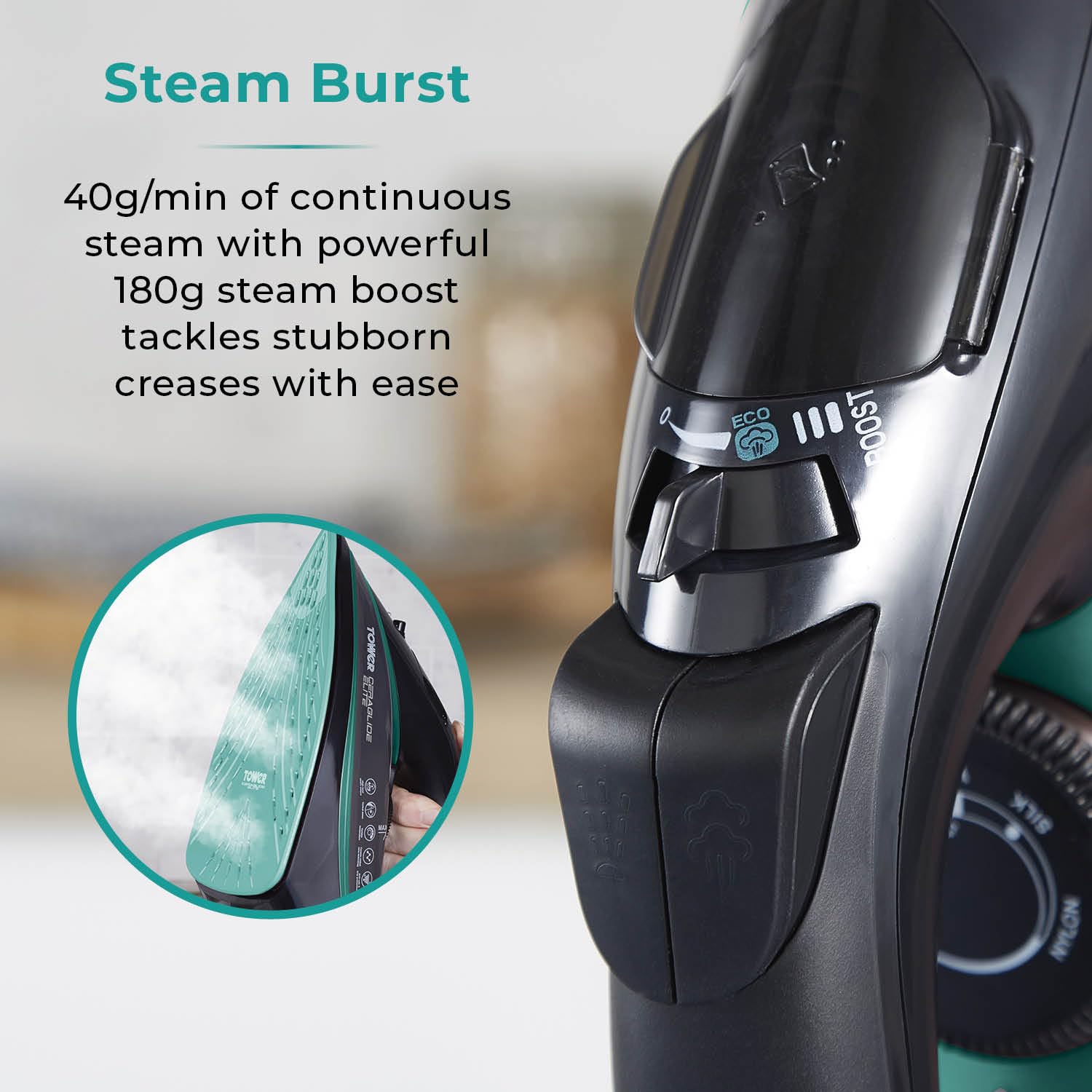 Tower CeraGlide 3100W Steam Iron with Ceramic Soleplate – Black & Teal