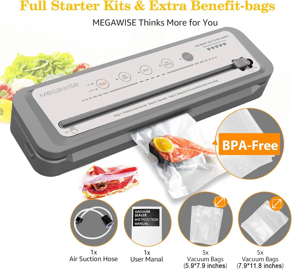 MEGAWISE Vacuum Sealer Machine | 80kPa Suction Food Sealer with Cutter