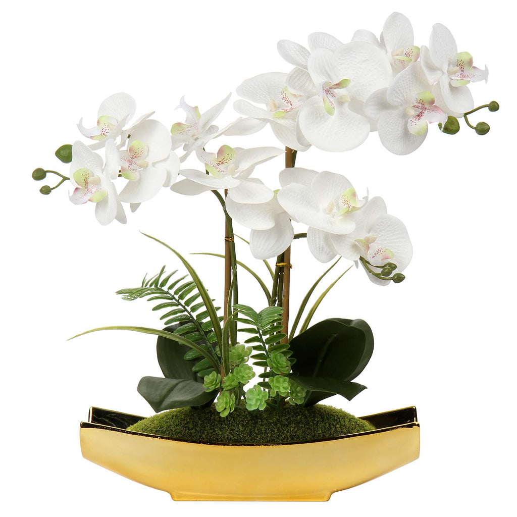 Briful 15" Artificial Phalaenopsis Orchid Bonsai in Gold Pot – Silk Flowers