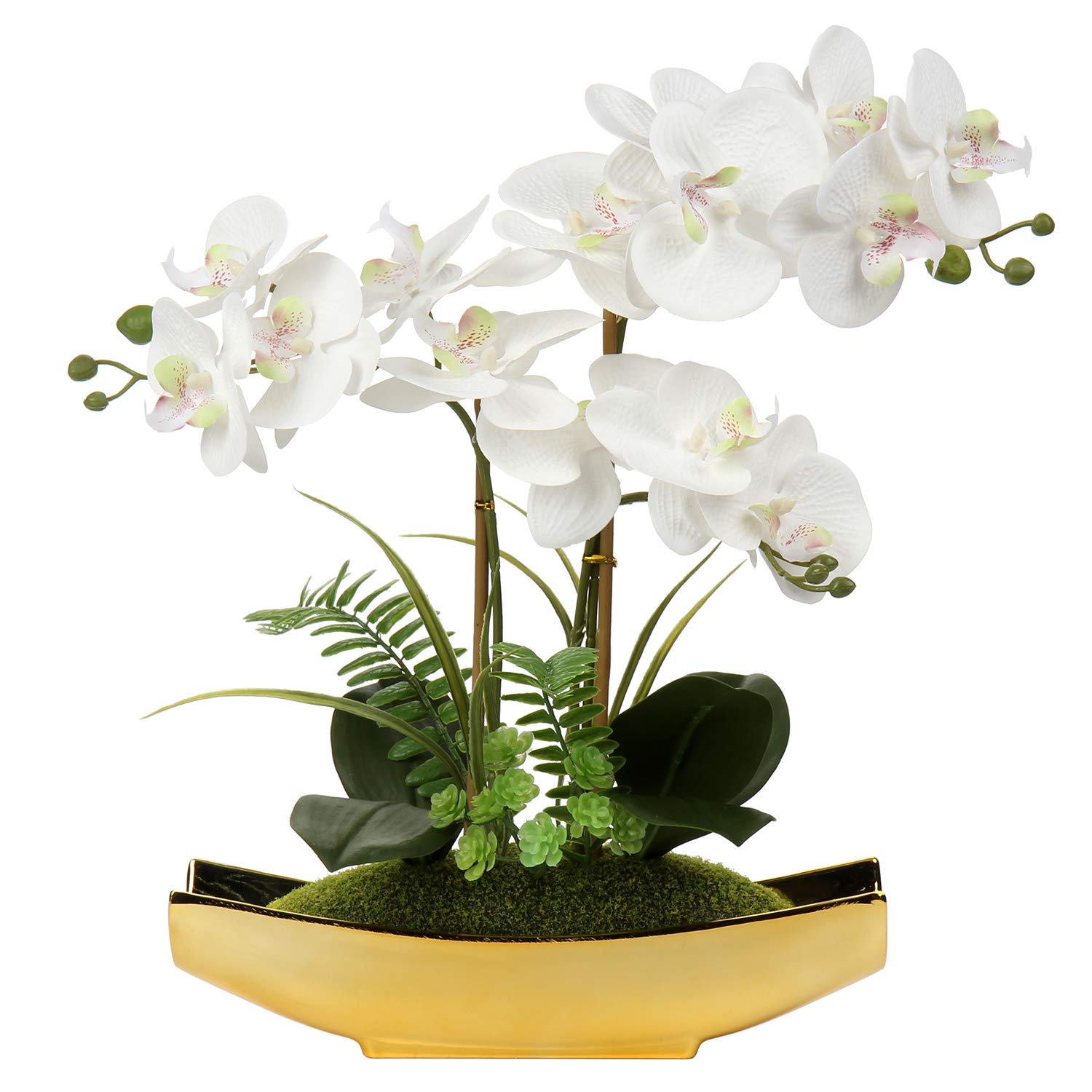 Briful 15" Artificial Phalaenopsis Orchid Bonsai in Gold Pot – Silk Flowers