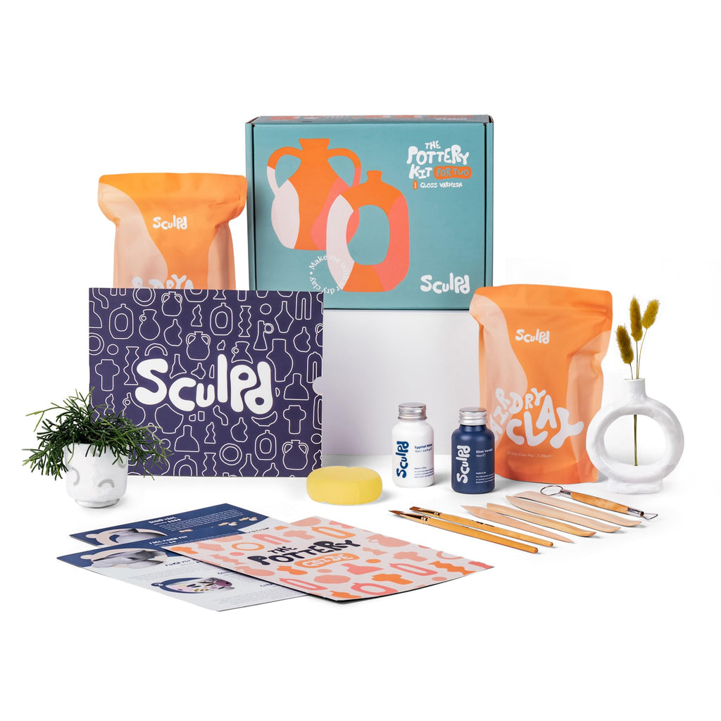 Sculpd Pottery Starter Kit | Air Dry Clay Set for 2 with Tools & Varnish