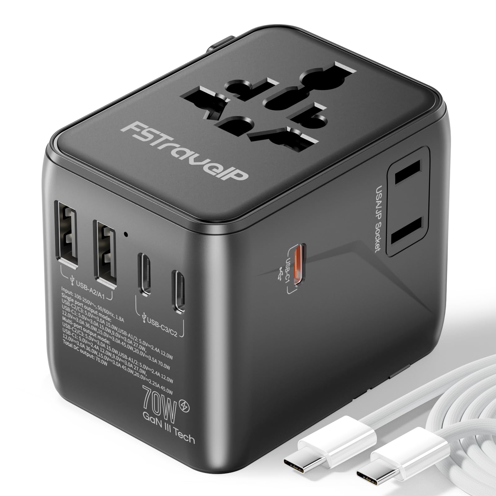 Jolof Store Universal Travel Adapter – 70W Fast Charge with 5 USB Ports