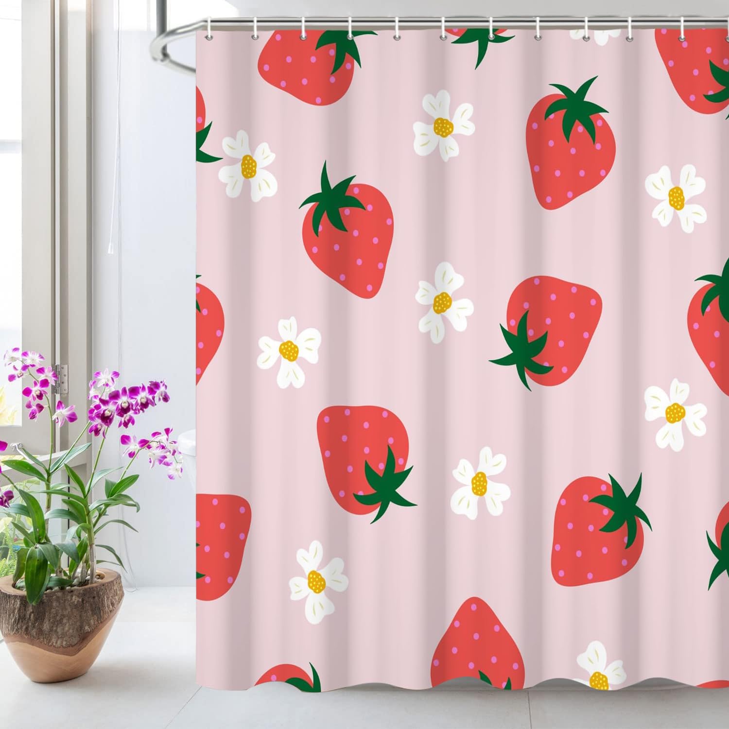 Strawberry Shower Curtain | Pink Floral Fabric Decor, 72x72