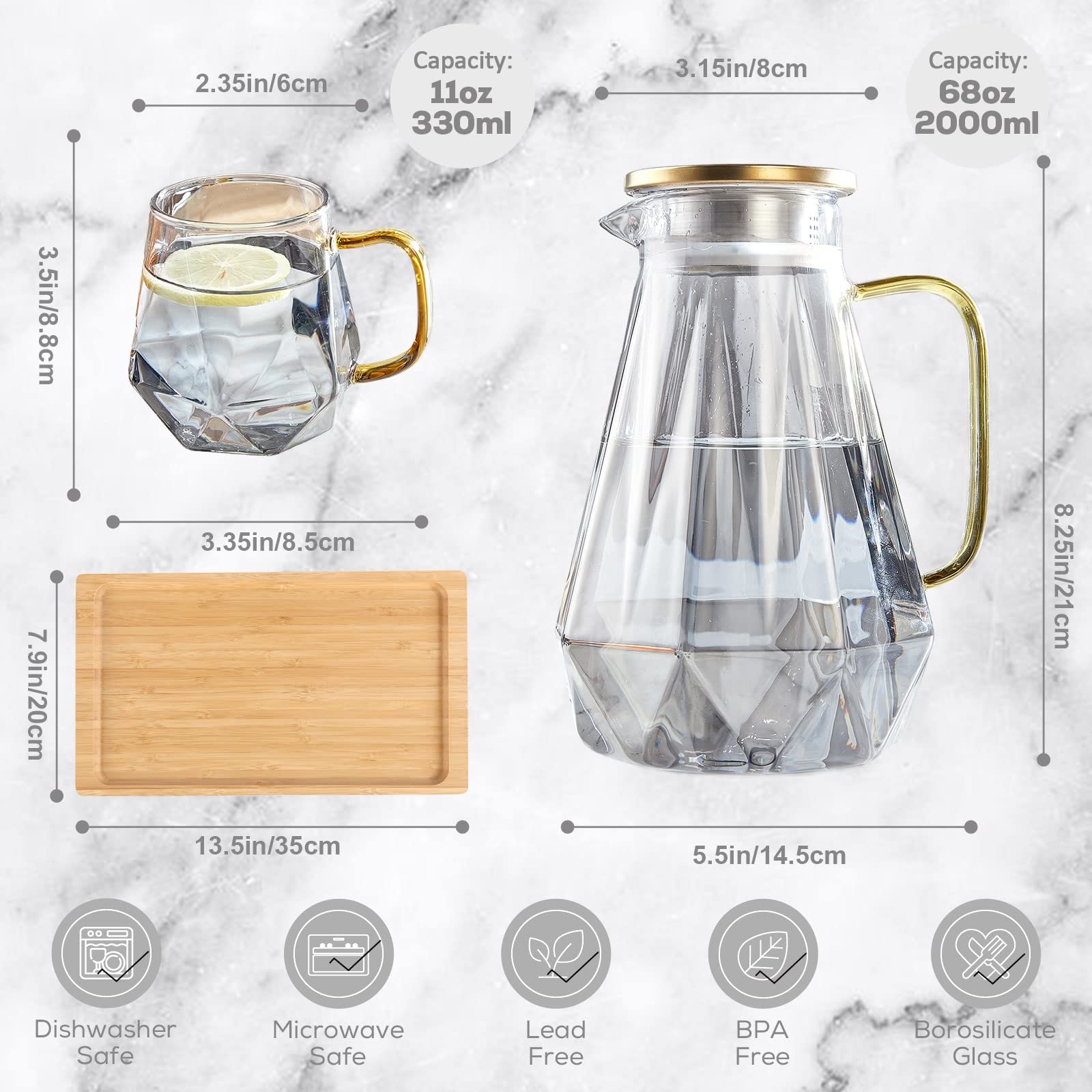 DUJUST Black Diamond Glass Pitcher Set | 6-Piece Borosilicate Carafe