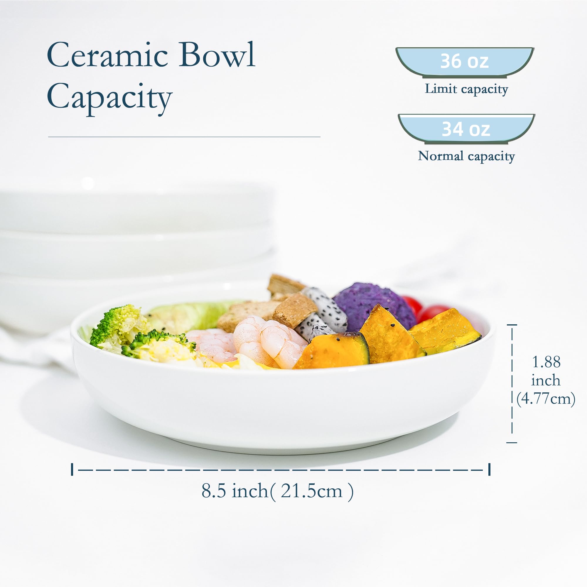 Jassceram 8.5 Inch Porcelain Pasta Bowls - Set of 6 Large 36oz Salad Plates