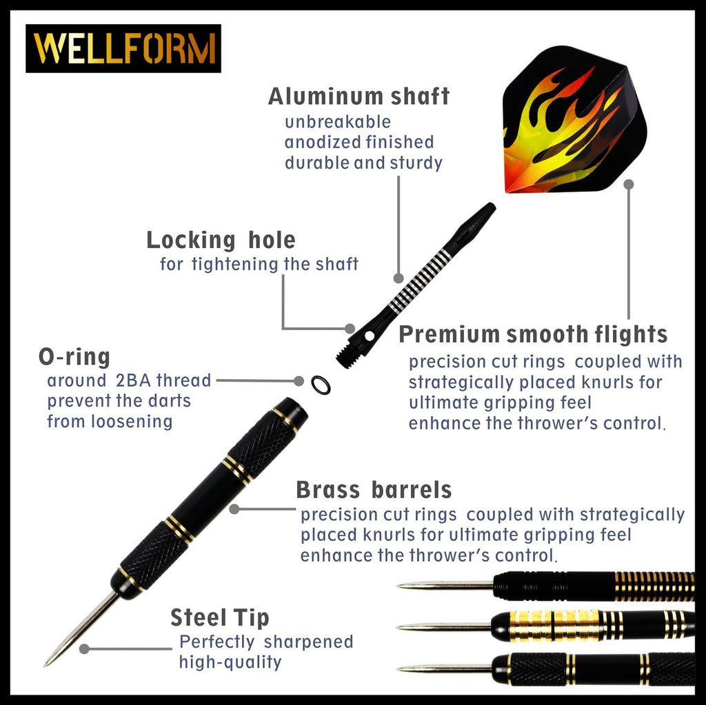 WELLFORM Professional Steel Tip Darts Set | 22g & 28g Brass Barrels