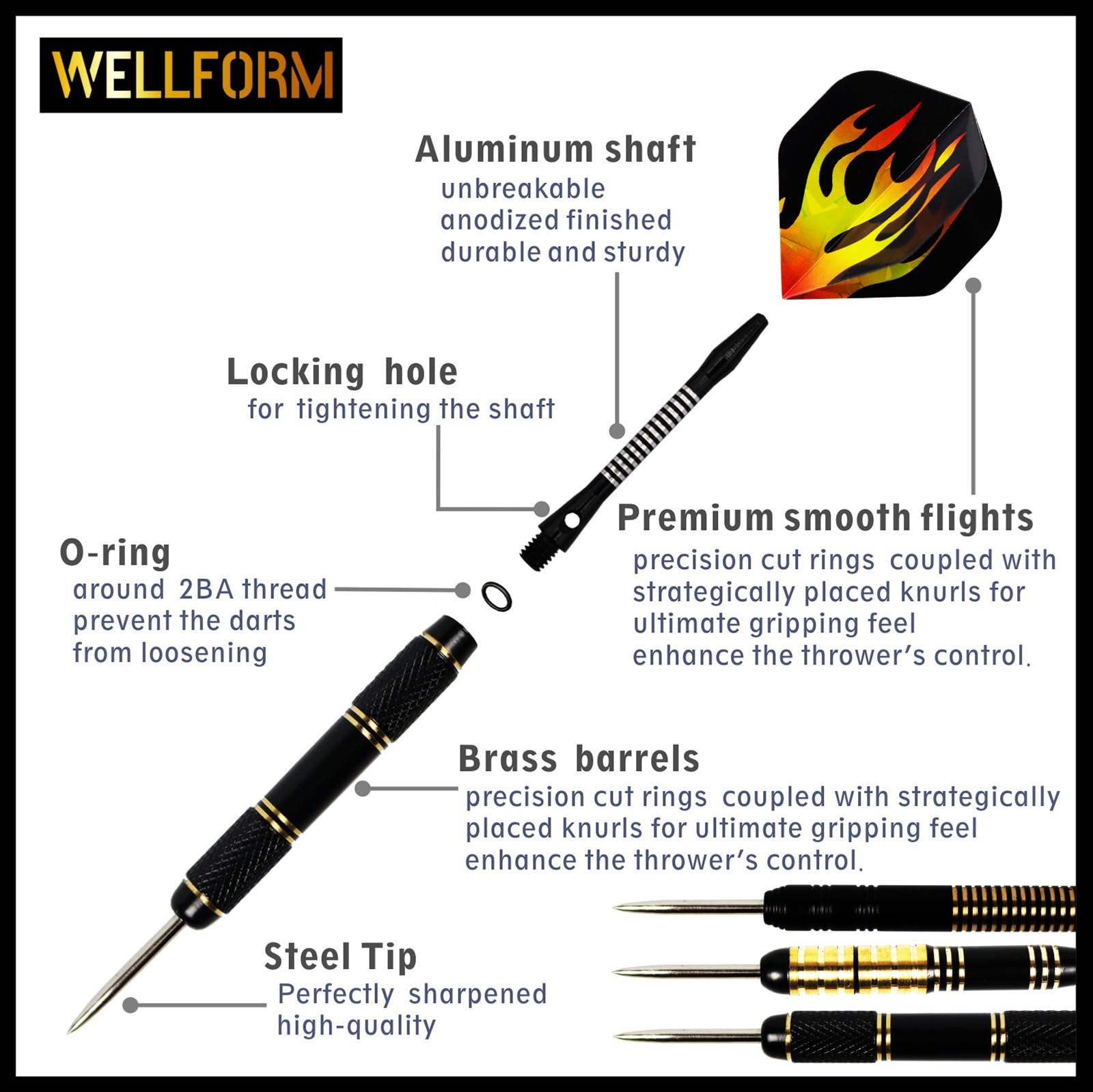WELLFORM Professional Steel Tip Darts Set | 22g & 28g Brass Barrels