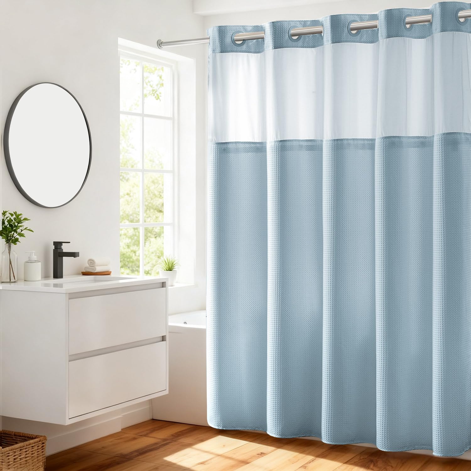 River Dream Waffle Weave Hookless Shower Curtain with Snap-in Liner, Blue
