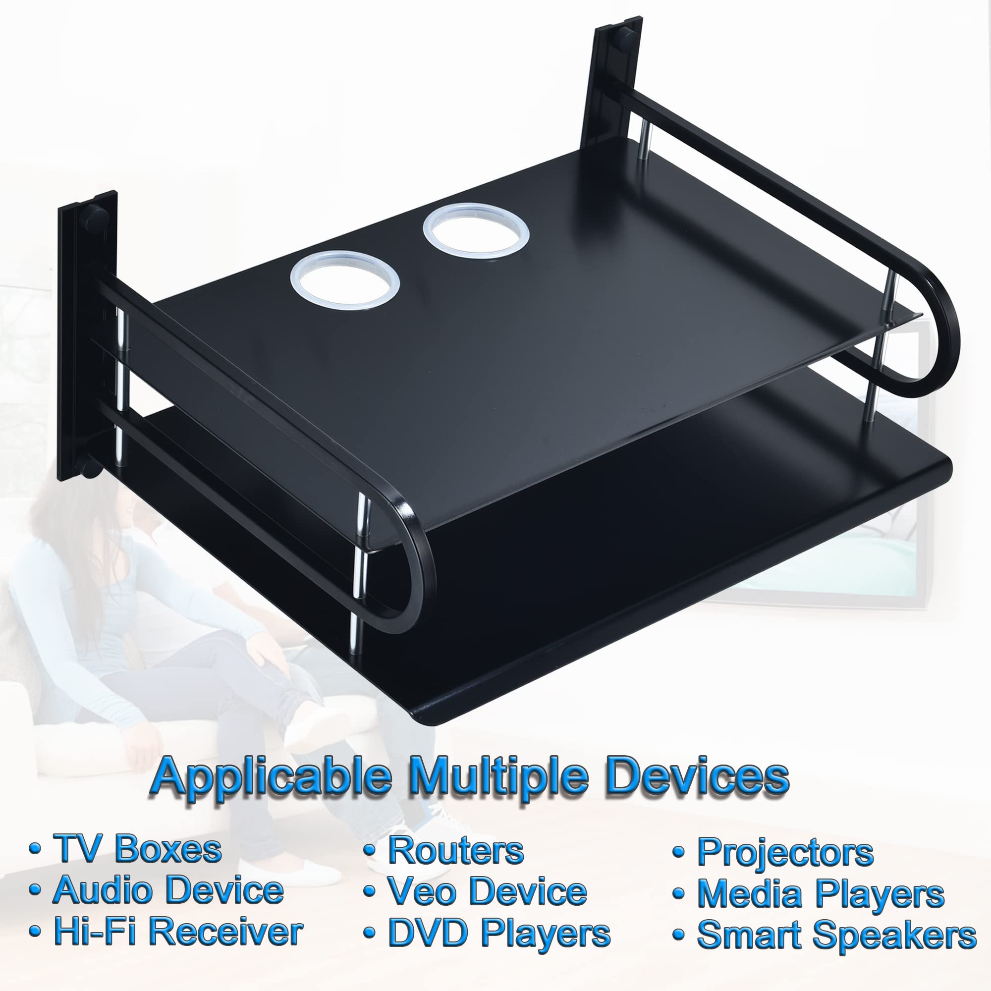 HNVNER Wall Mounted Projector Shelf – 2-Tier Aluminum Media Box Router Rack