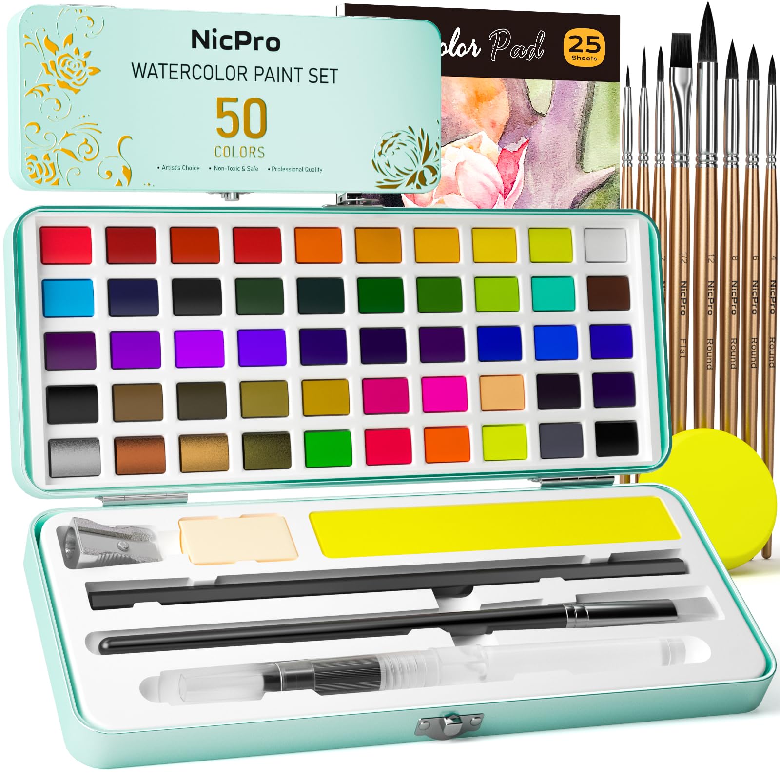 Nicpro 50 Color Watercolour Paint Set with 8 Brushes and 25 Paper Sheets