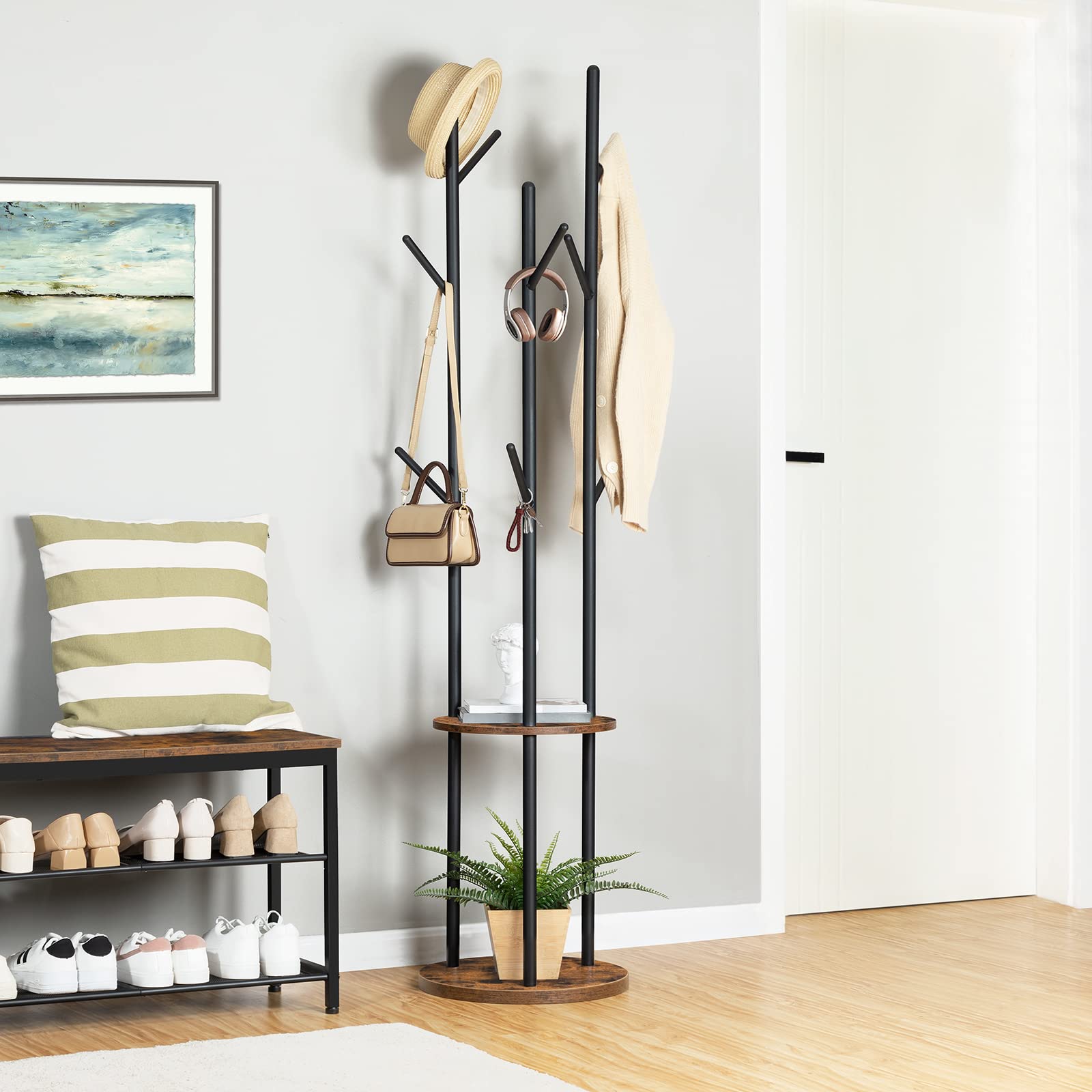 HOOBRO Freestanding Coat Rack with 8 Hooks and 2 Shelves – Rustic Brown