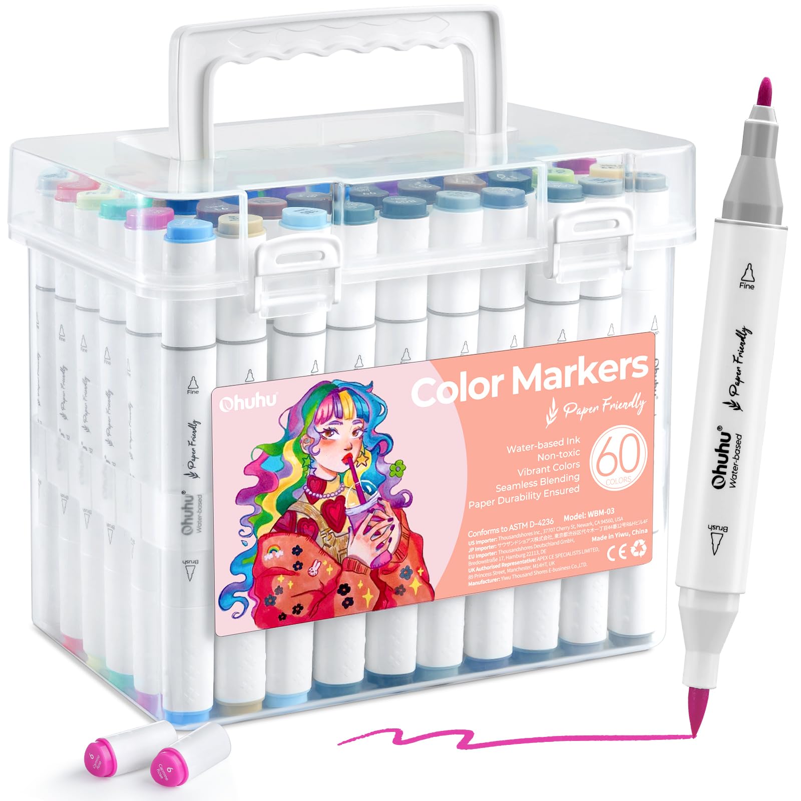 Ohuhu 60-Color Water-Based Markers | Dual Tip Brush Pens for Art