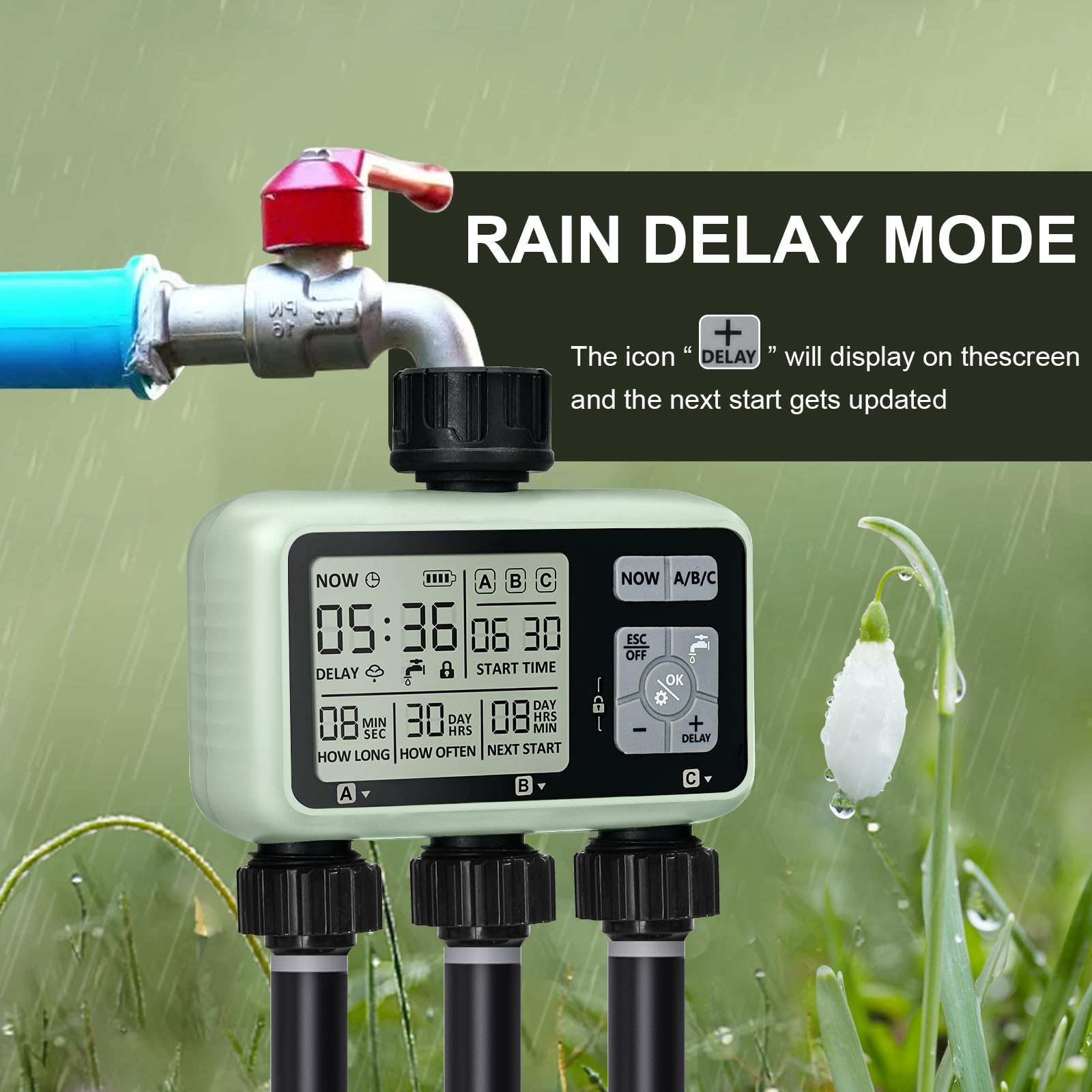 Johgee 3-Zone Water Timer | Brass Interface IPX5 Sprinkler Controller