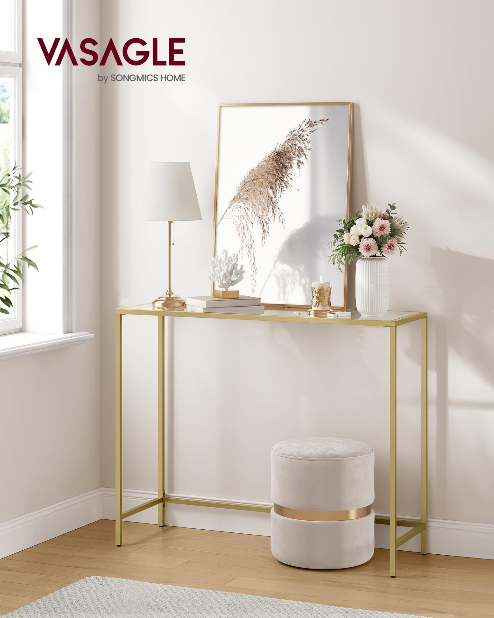 VASAGLE Gold Console Table – Tempered Glass Top & Metal Frame