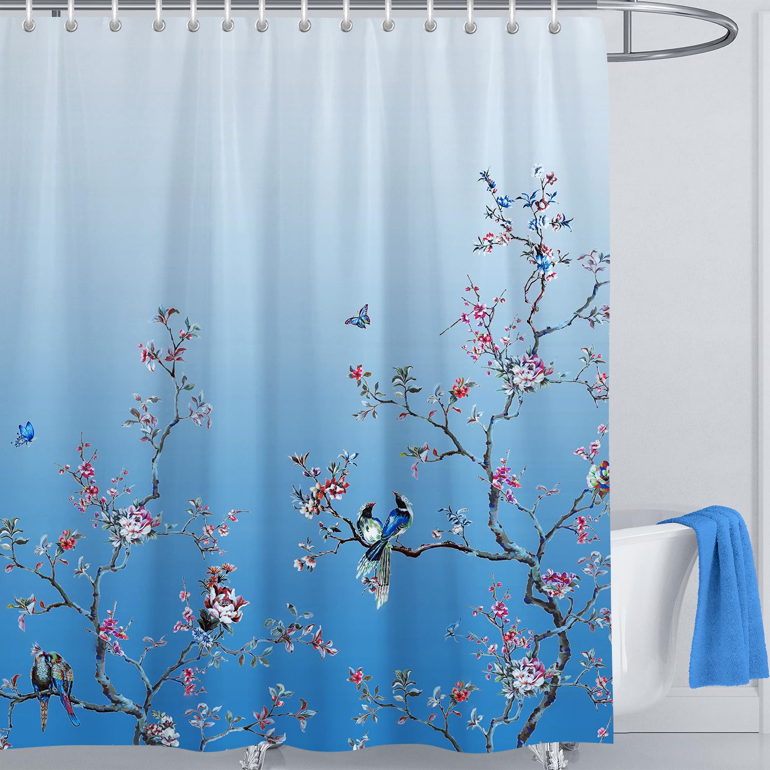 LIVETTY Ombre Blue Bird Floral Fabric Shower Curtain - 180 x 200cm