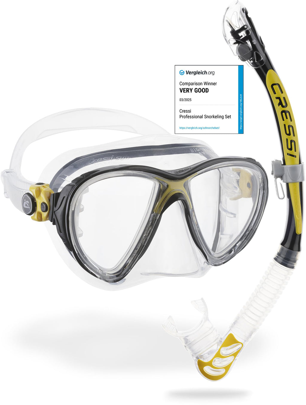 Cressi Big Eyes Evolution Diving Set | Dry Snorkel & Mask - Clear/Yellow
