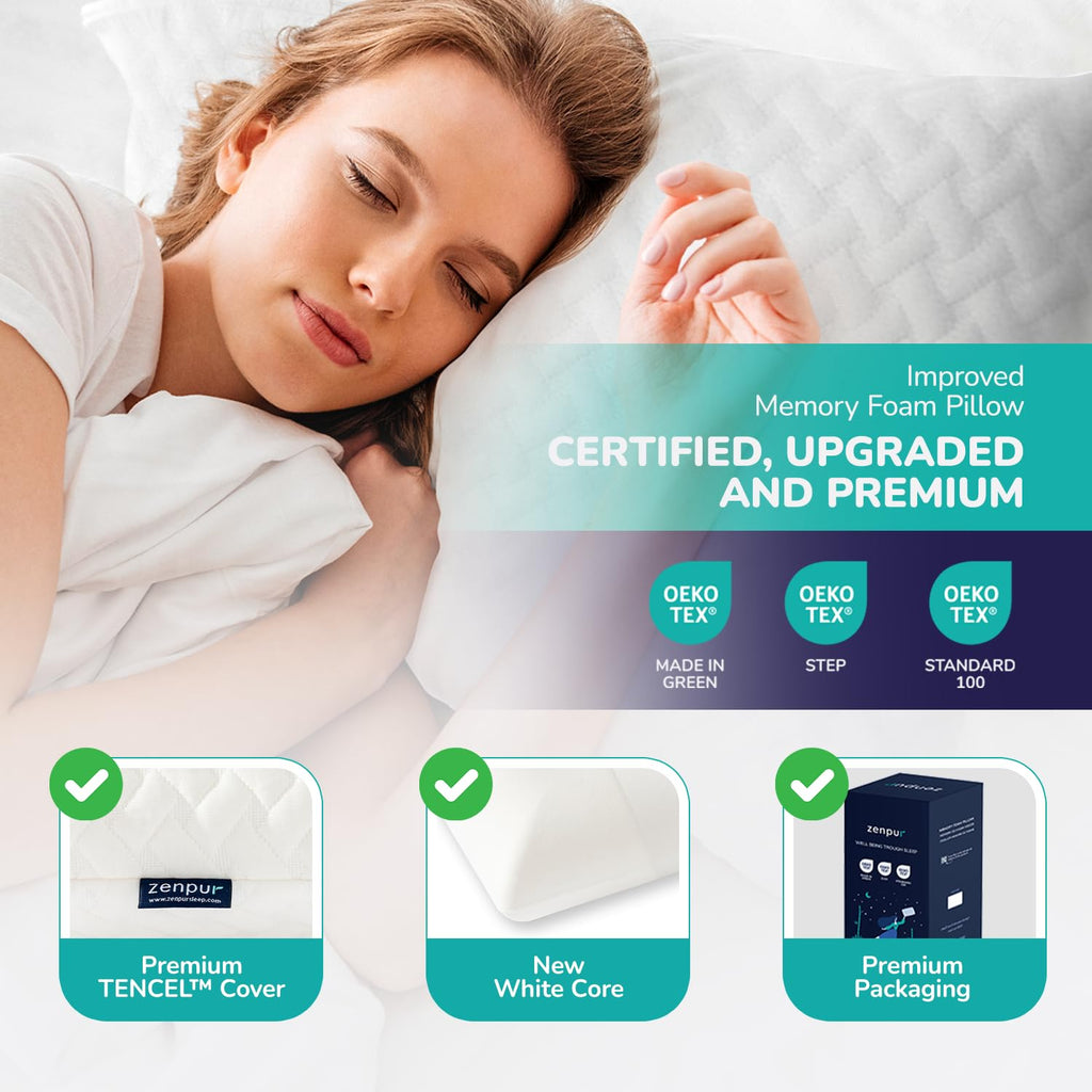 ZenPur Orthopedic Memory Foam Pillow – Cooling Bamboo Cover, 2-Pack