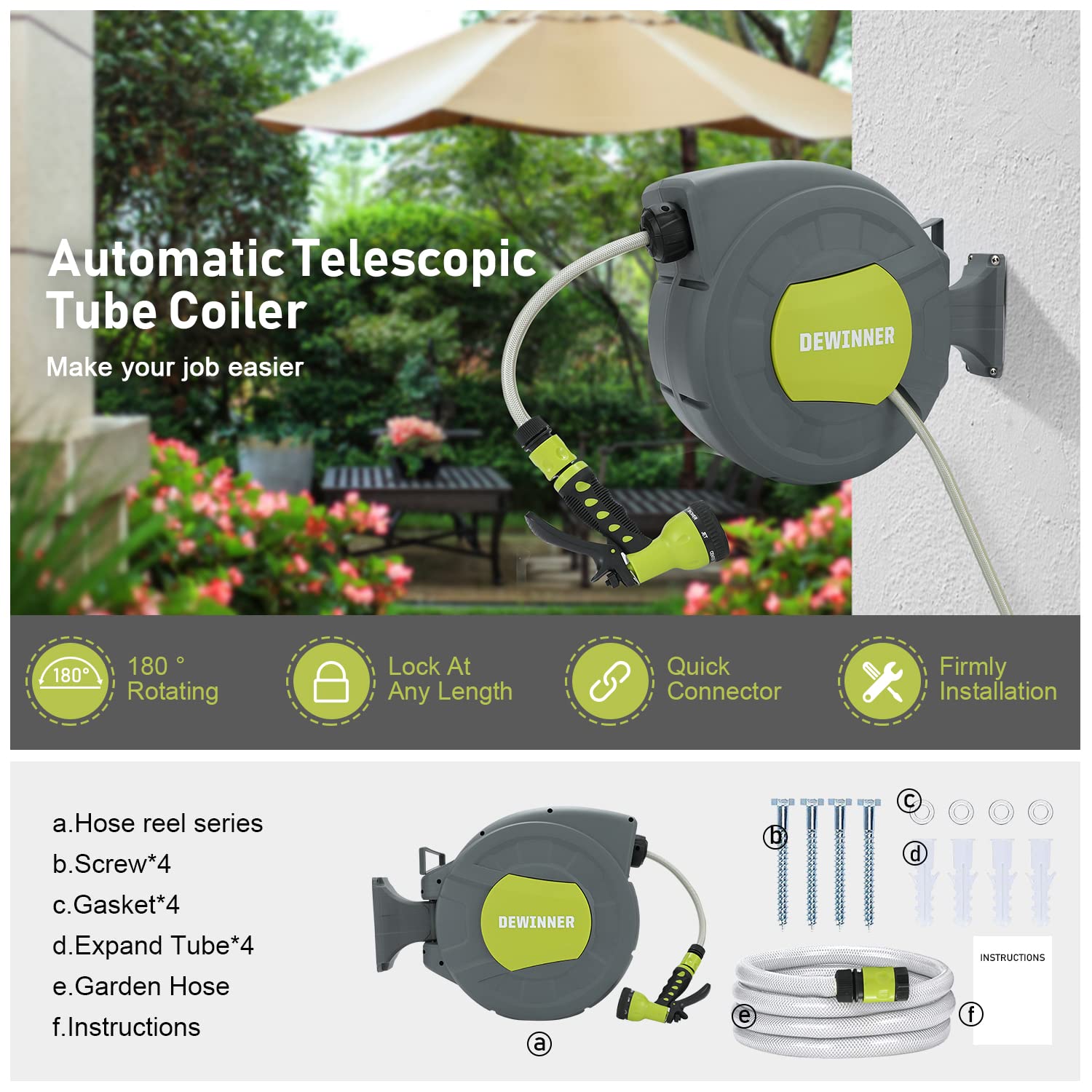 DEWINNER Wall Mount Garden Hose Reel | 20M Auto Rewind Hose Pipe