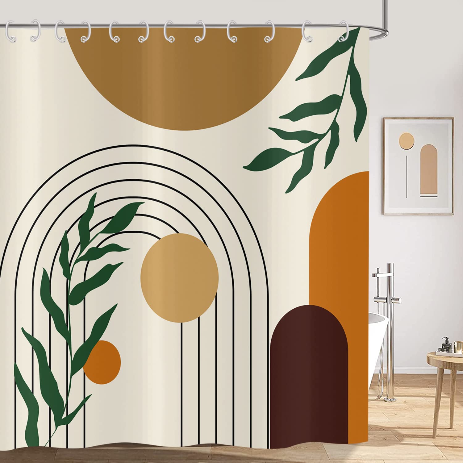 Hnmdmyi Boho Shower Curtain | Mid Century Abstract Green Leaf Art, 71x71
