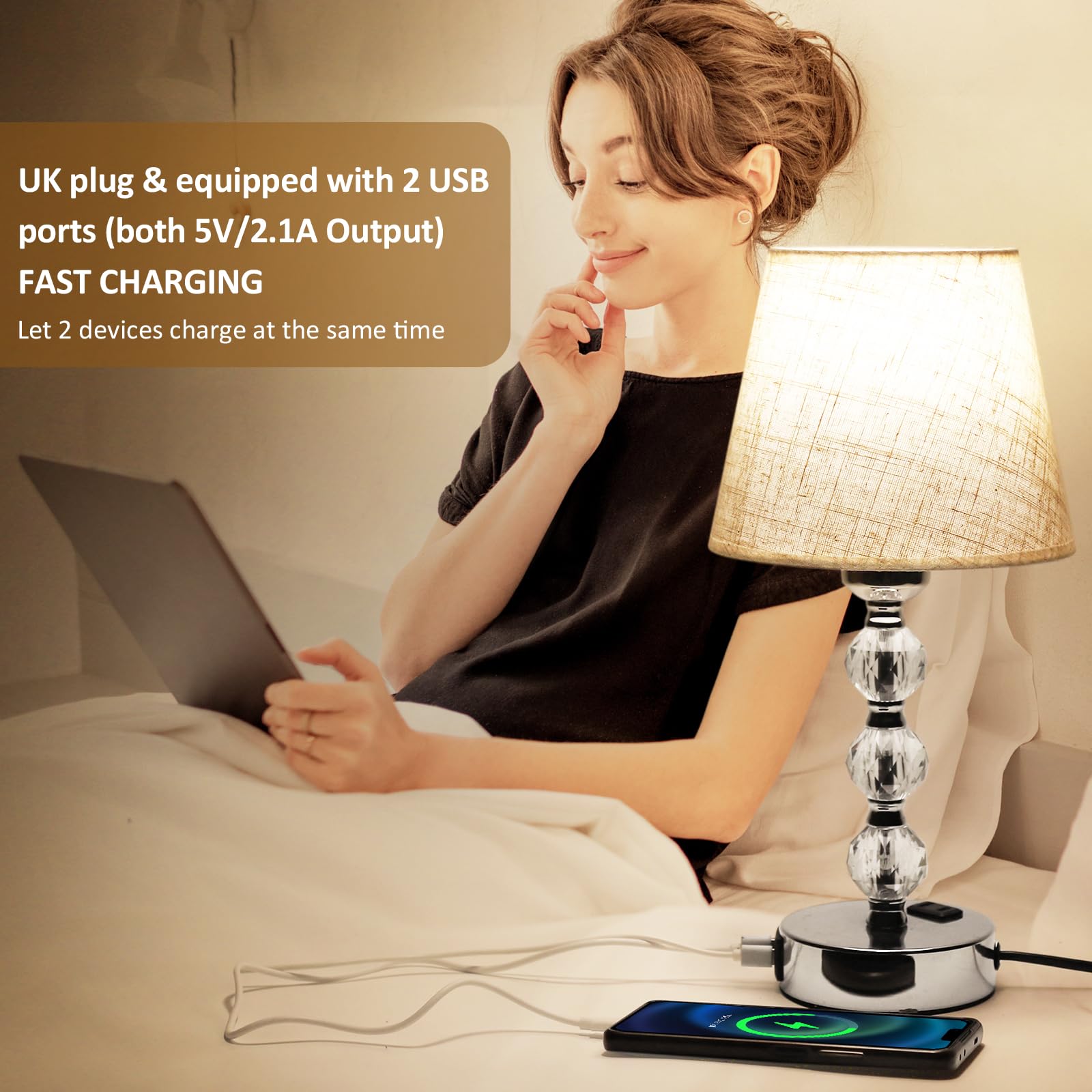 Euxper Crystal Bedside Table Lamps | 3-Way Dimmable Touch Control, Set of 2