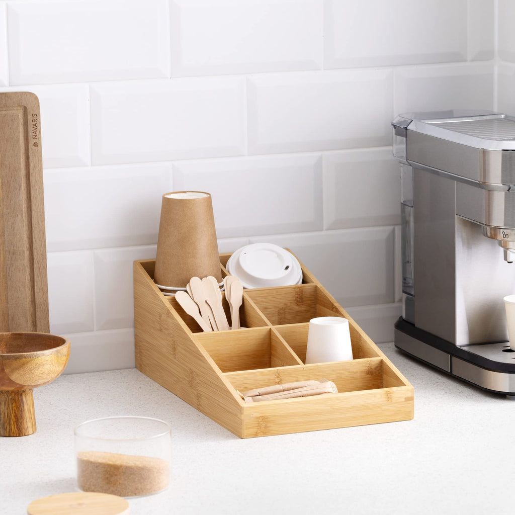 Navaris Bamboo Coffee Station Organiser – 7 Compartment Tea Caddy