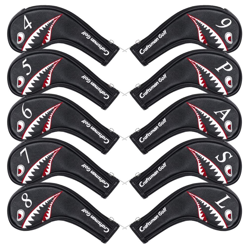 Craftsman Golf 10pcs Black PU Leather Shark Iron Head Covers Set