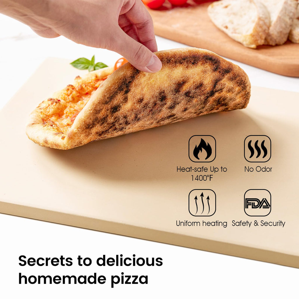 ROCKSHEAT Cordierite Pizza Stone Set with Wooden Peel & Oven Mitts