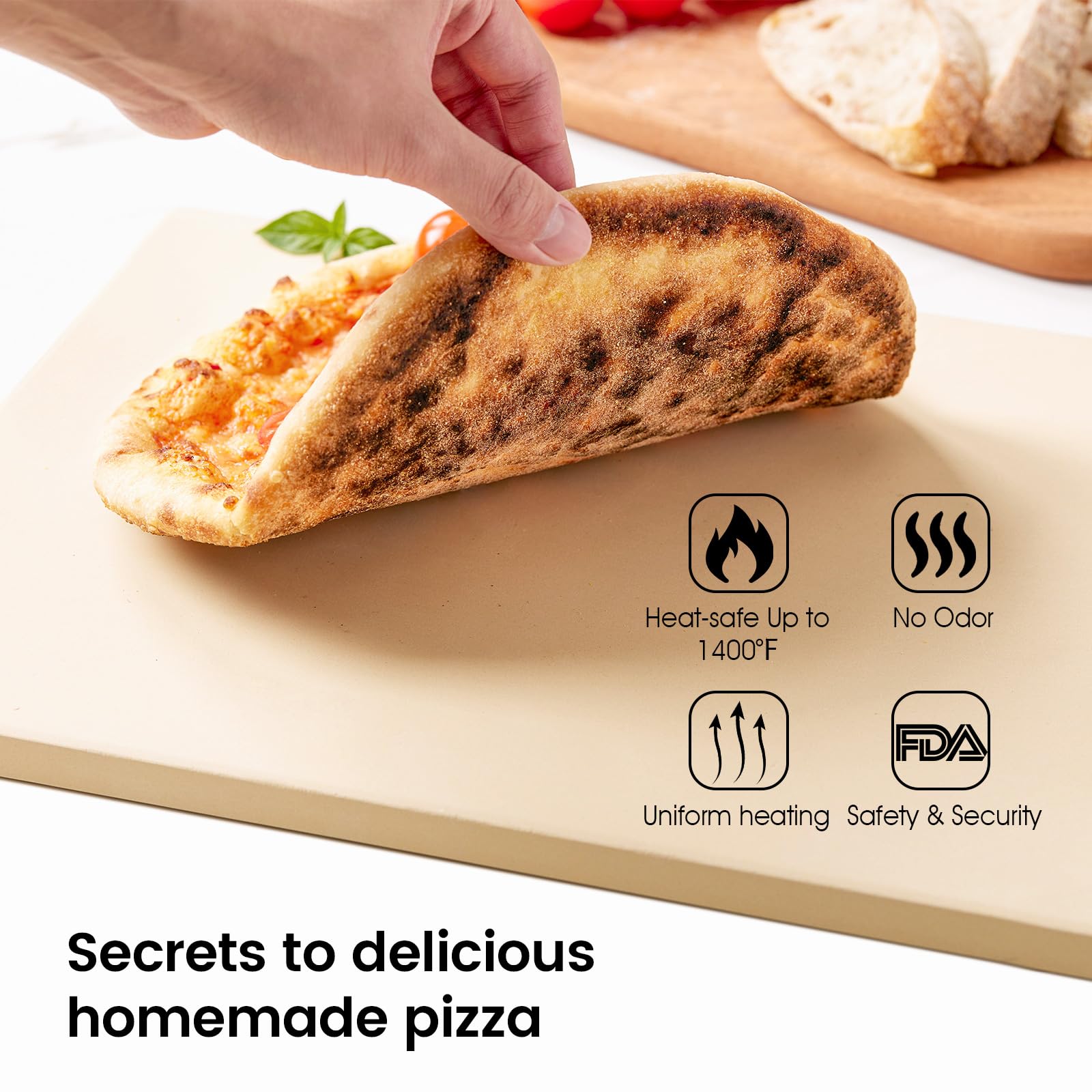 ROCKSHEAT Cordierite Pizza Stone Set with Wooden Peel & Oven Mitts