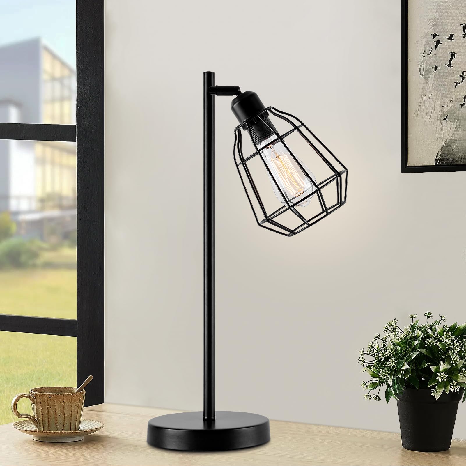 Harper Living Vintage Caged Table Lamp – Black Industrial Bedside Light