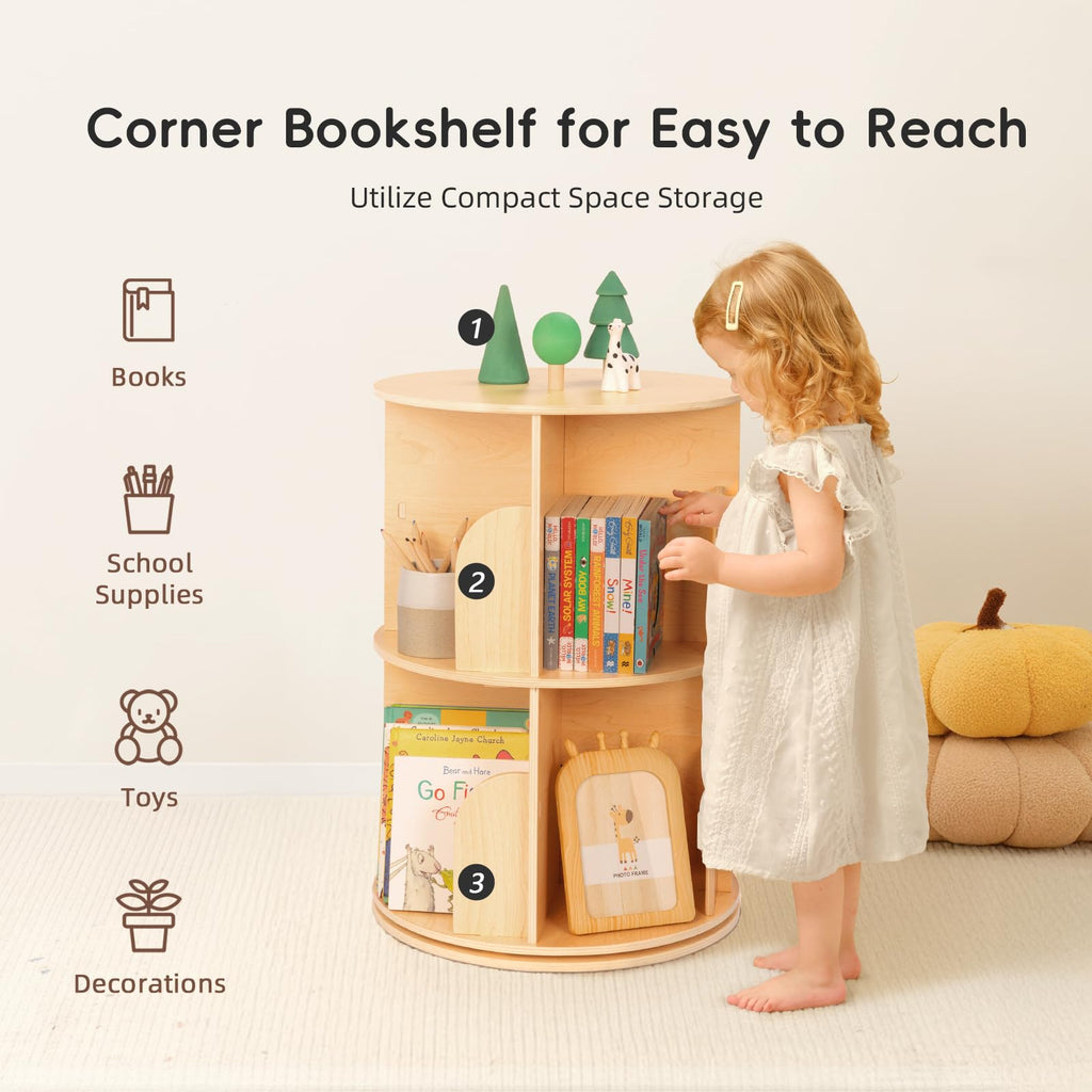 OOOK 2-Tier Rotating Bookshelf, Small Corner Wooden Spinning Book Shelf - image 2