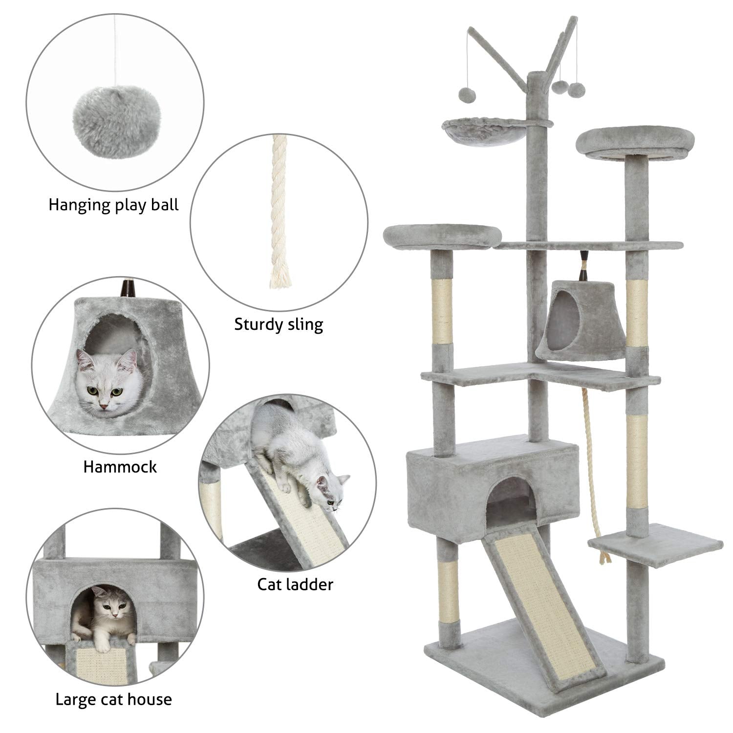 Meerveil 210cm Cat Tree Tower | Multi-Level Indoor Climbing Post with Condos