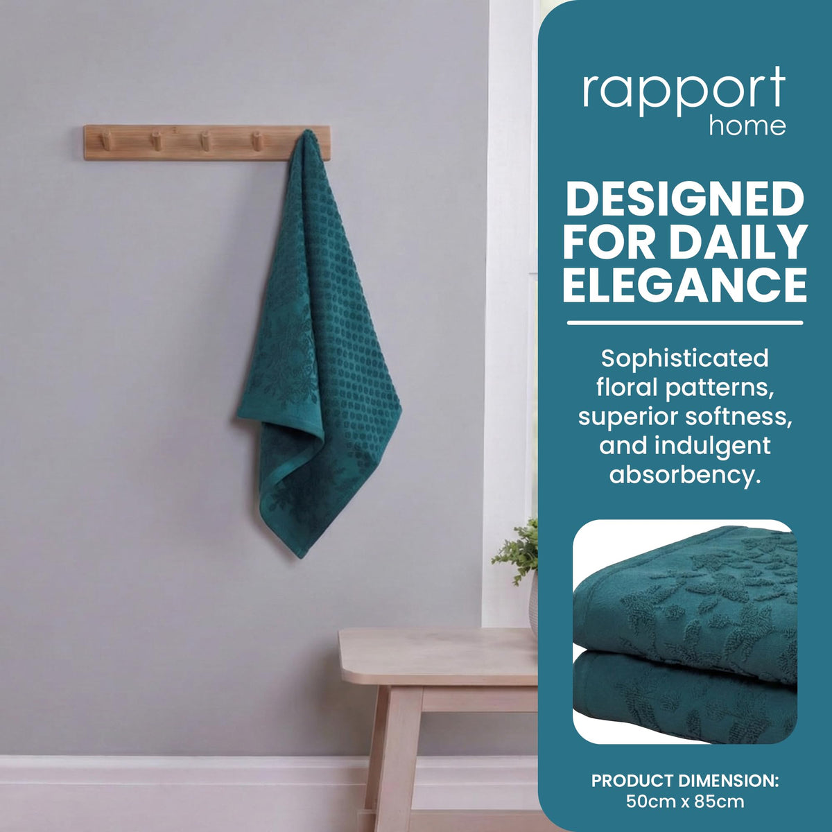 Rapport Home 2-Pack Versailles Jacquard Hand Towels | 50x85cm 100% Cotton 500GSM | Absorbent & Soft Bathroom Towel Set | Oeko-Tex Certified Lagoon - image 3
