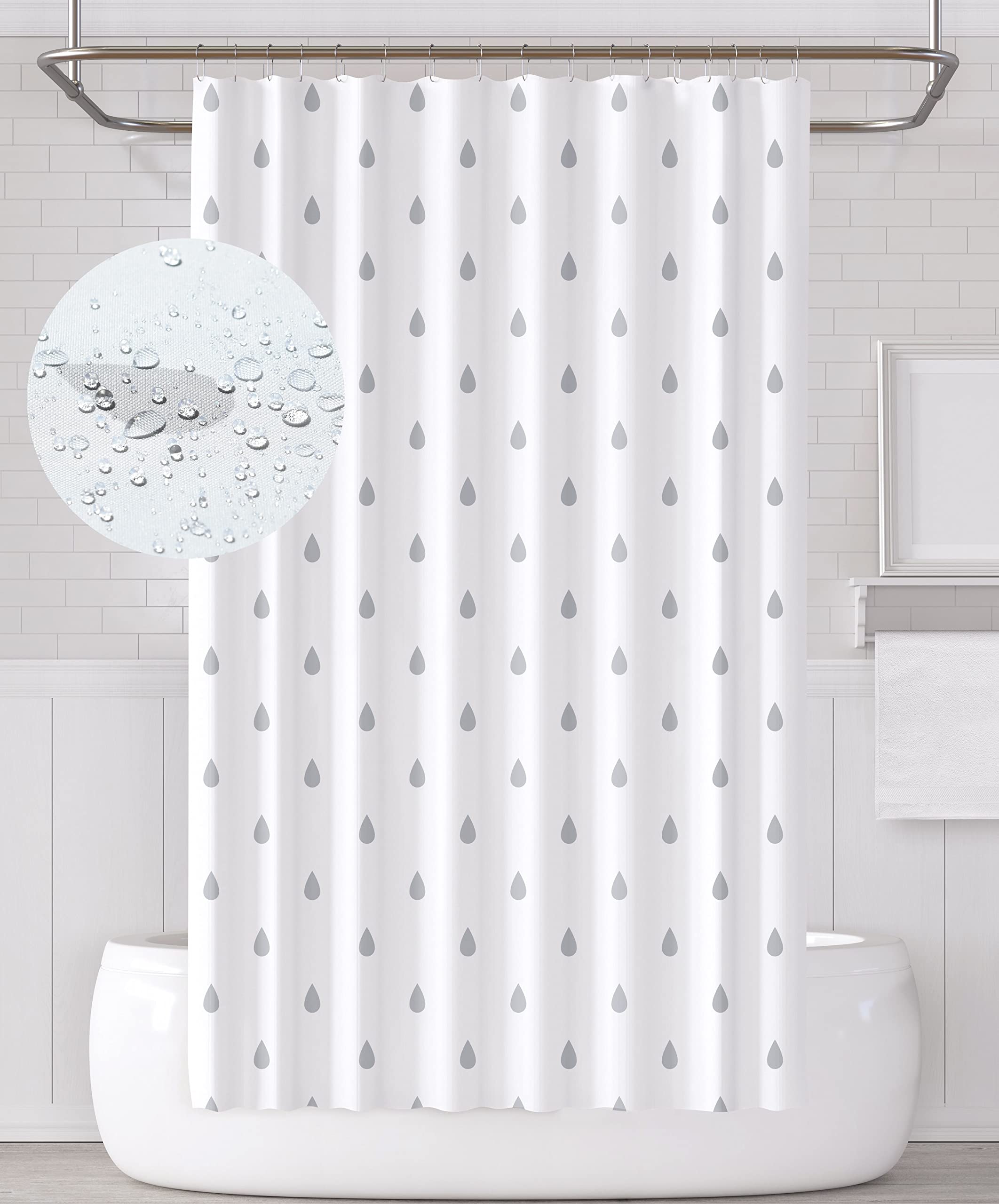 YOUNG DA Fabric Shower Curtain – Grey & White Water Droplets, 72x72