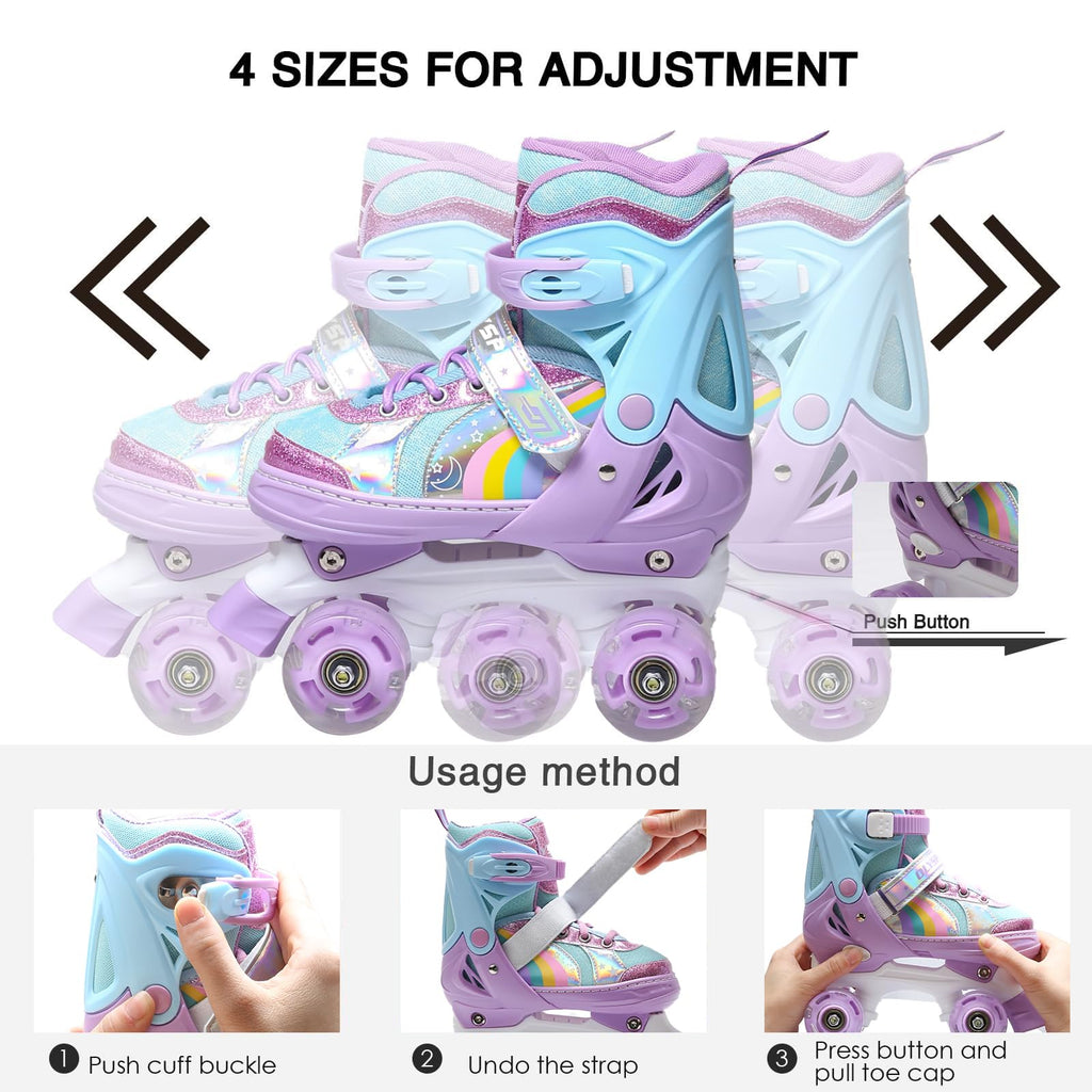 OLYSPM Kids Roller Skates – Adjustable Quad Skates with 8 Light Up Wheels