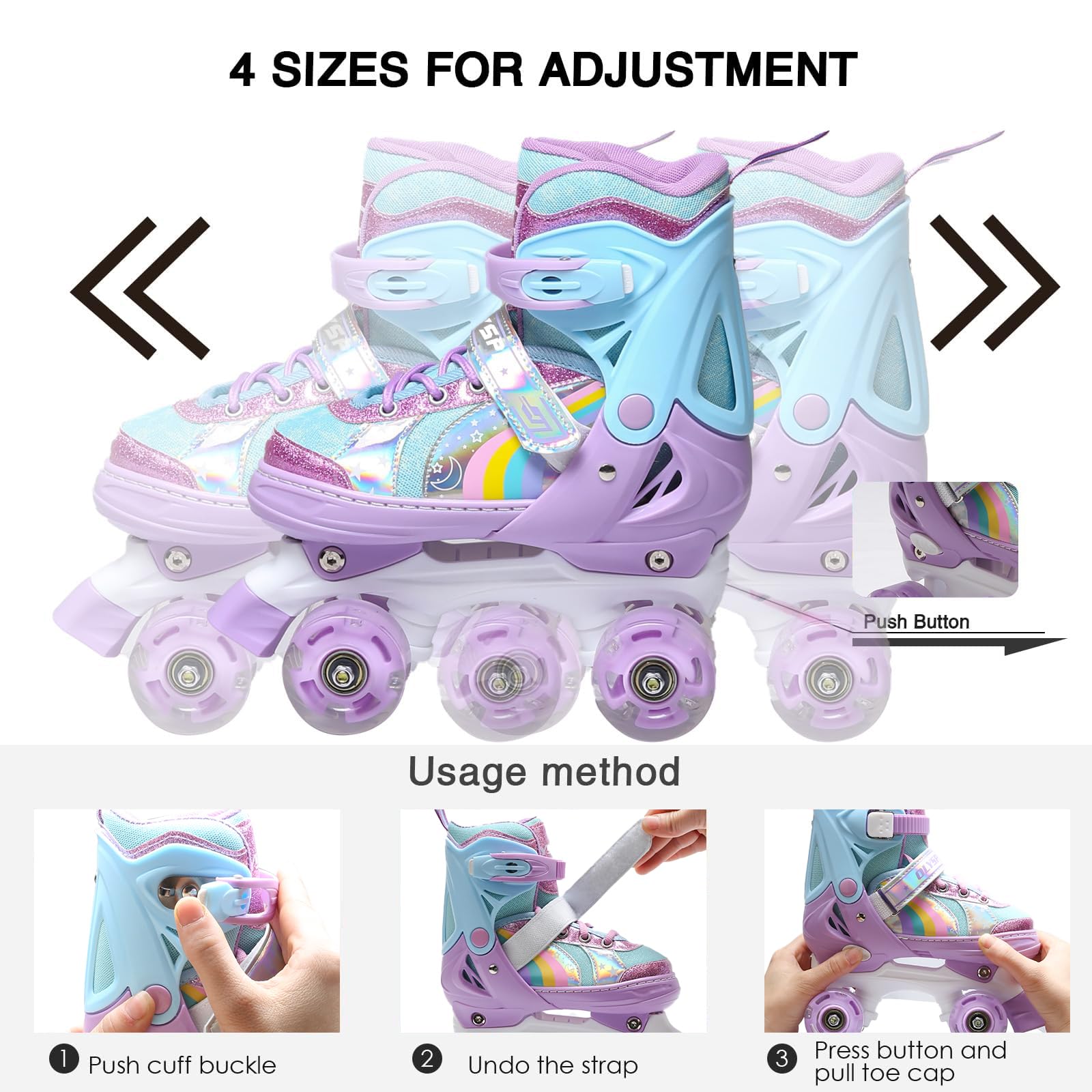 OLYSPM Kids Roller Skates – Adjustable Quad Skates with 8 Light Up Wheels