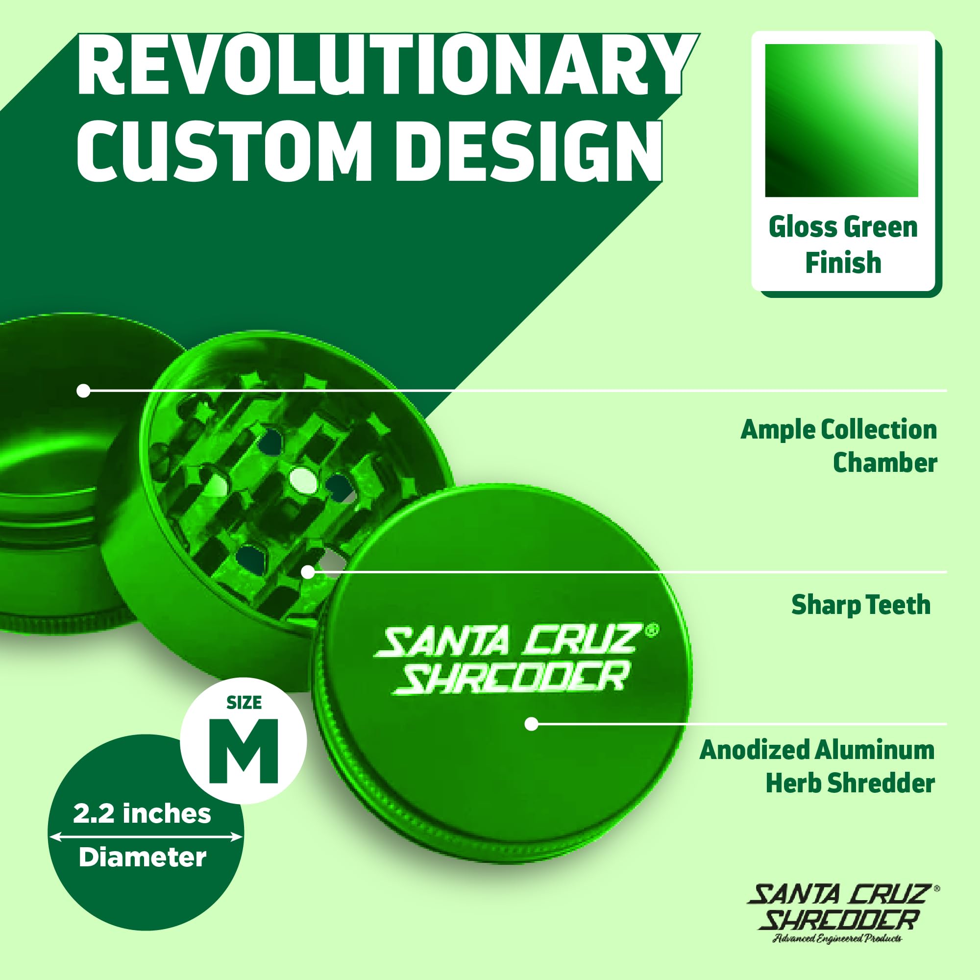 Santa Cruz Shredder 3-Piece Herb Grinder – Medium 2 1/8" Aluminum Green