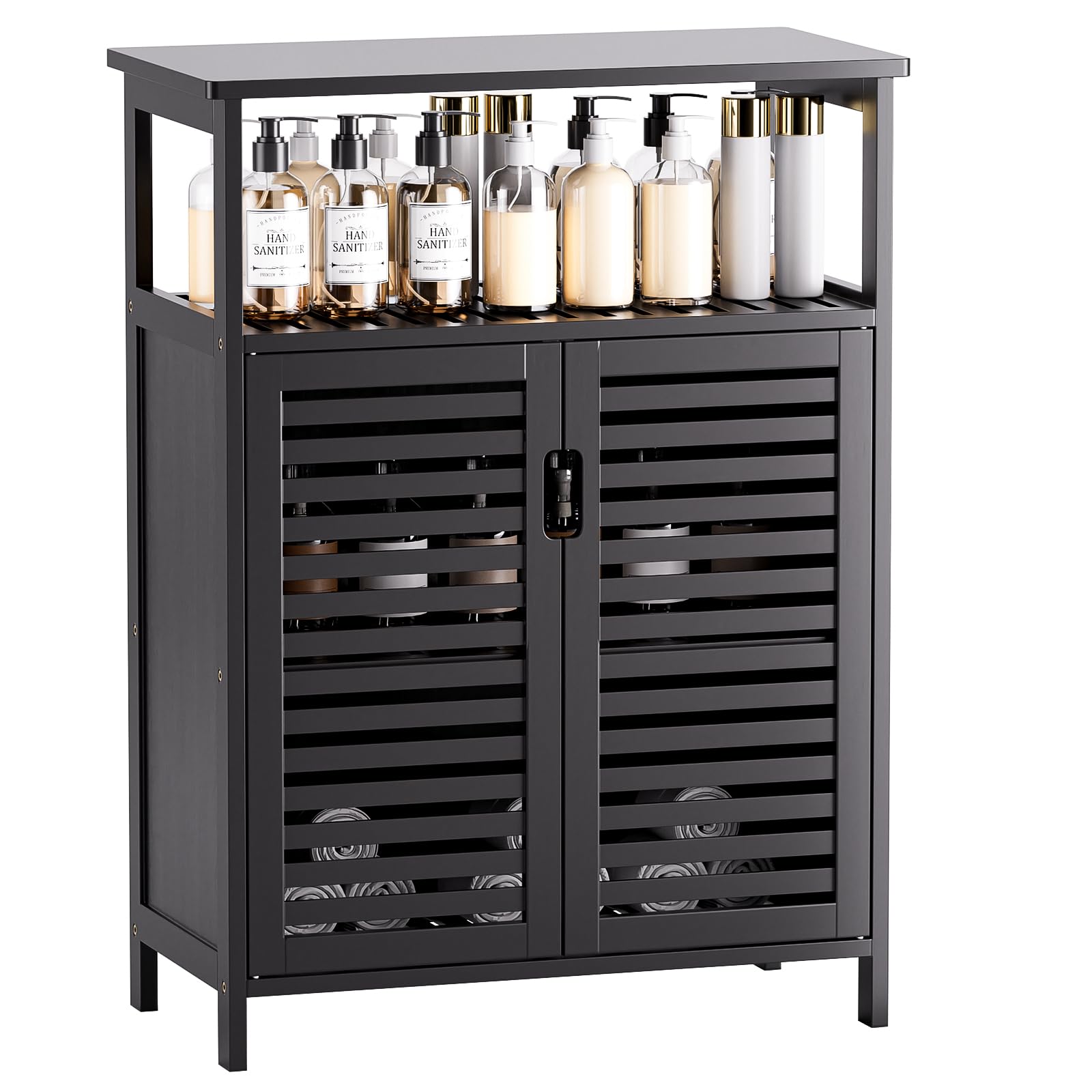 HITNET Bamboo Bathroom Floor Cabinet | 2-Door Freestanding Storage - Black