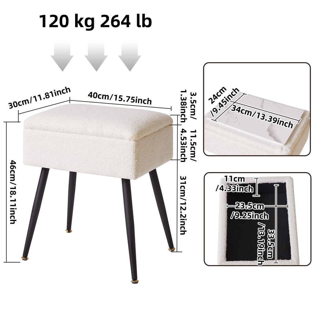Aibiju Rectangular Vanity Stool with Storage | Faux Teddy Fur Makeup Seat