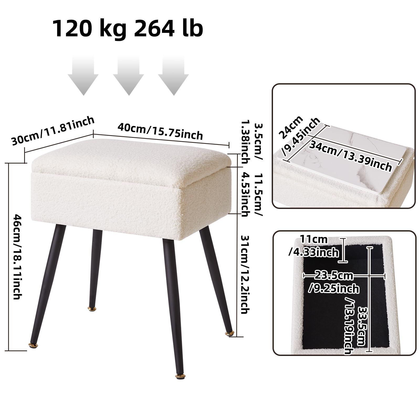 Aibiju Rectangular Vanity Stool with Storage | Faux Teddy Fur Makeup Seat
